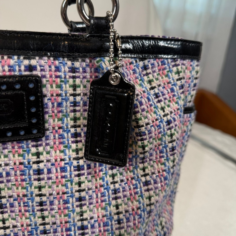 Coach Tweed Shoulder Bag Black Patent Leather Trim Multi Color Tote F17699 - Picture 3 of 14